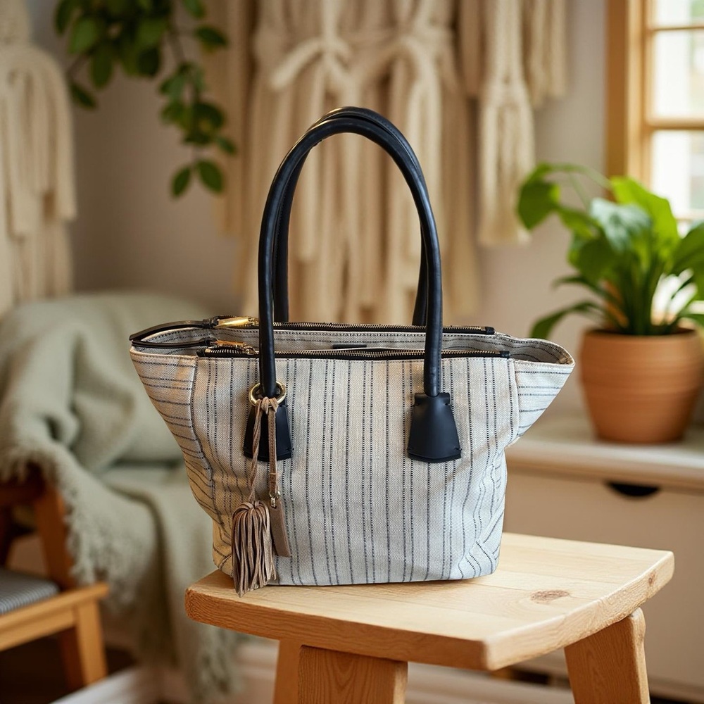 Vince Camuto Neutral and Navy Canvas Tote with Leather Accents - Picture 1 of 10